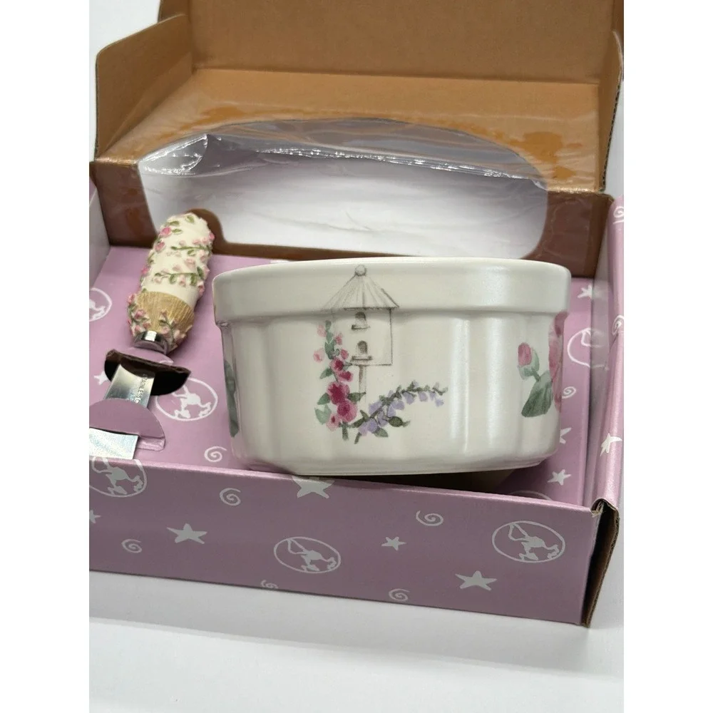 Pfaltzgraff Cape May Dip Serving Set Bowl and Spreader Floral Birdhouse 1999 NEW